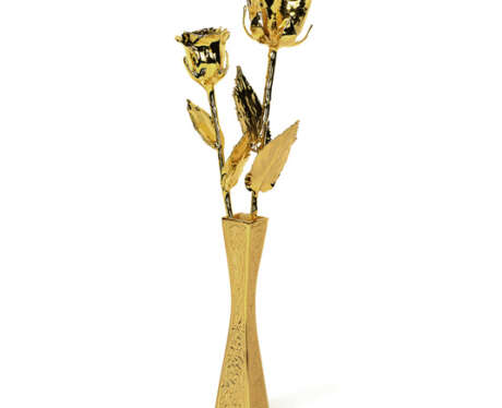 24 Karat Gold Dipped Real Rose 11.5″ with 6″ Gold Plated Square Brass Vase