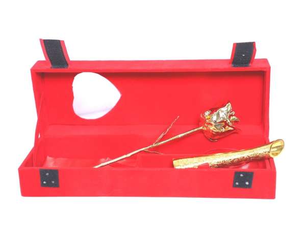 Gold Dipped Real Rose 11.5″ with 6″ Round Golden Brass Vase in Red Velvet Box | Valentine’s Day Gift