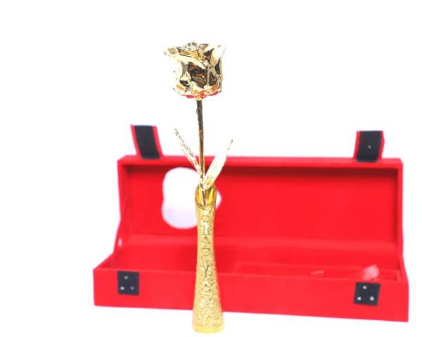 Gold Dipped Real Rose 11.5″ with 6″ Round Golden Brass Vase in Red Velvet Box