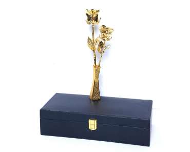 Gold Dipped Real Rose 11.5″ In Leather Box with Square Shape Golden Brass Vase