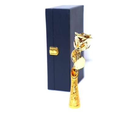 Gold Dipped Real Rose 7″ with 3″ Gold Plated Round Brass vase in Leather Box