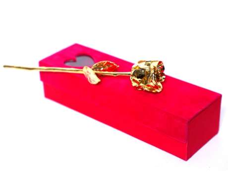 Gold Dipped Real Rose 11.5″ in Dark Pink Velvet Box With Heart Shaped Window